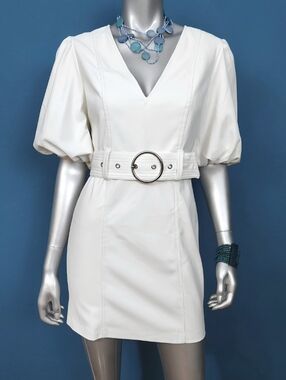 🆕🌊 BERSHKA 80's Style Faux Leather Belted Mini Dress w/ Puff Sleeves // (NWT)